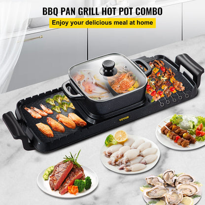 3-in-1 Electric BBQ Grill with Hot Pot, 2400W, Adjustable Temp, Nonstick Surface