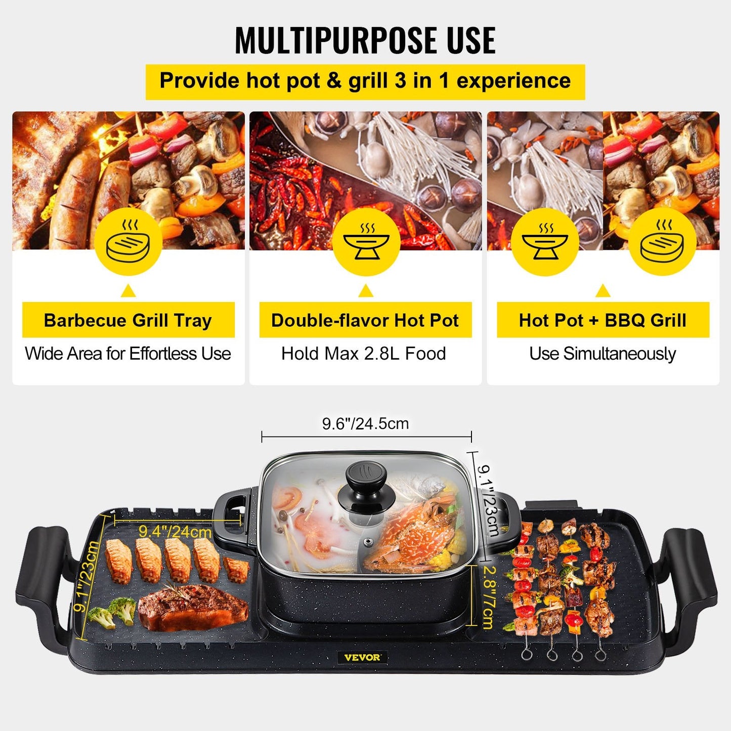 3-in-1 Electric BBQ Grill with Hot Pot, 2400W, Adjustable Temp, Nonstick Surface