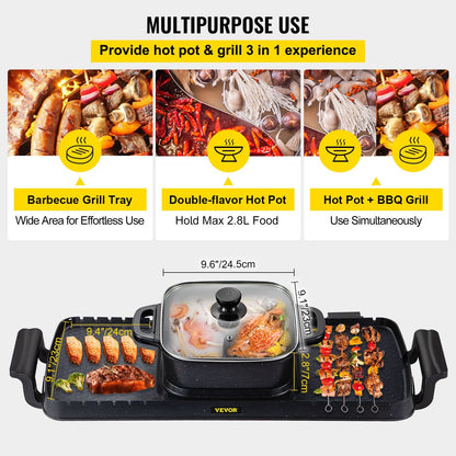 3-in-1 Electric BBQ Grill with Hot Pot, 2400W, Adjustable Temp, Nonstick Surface