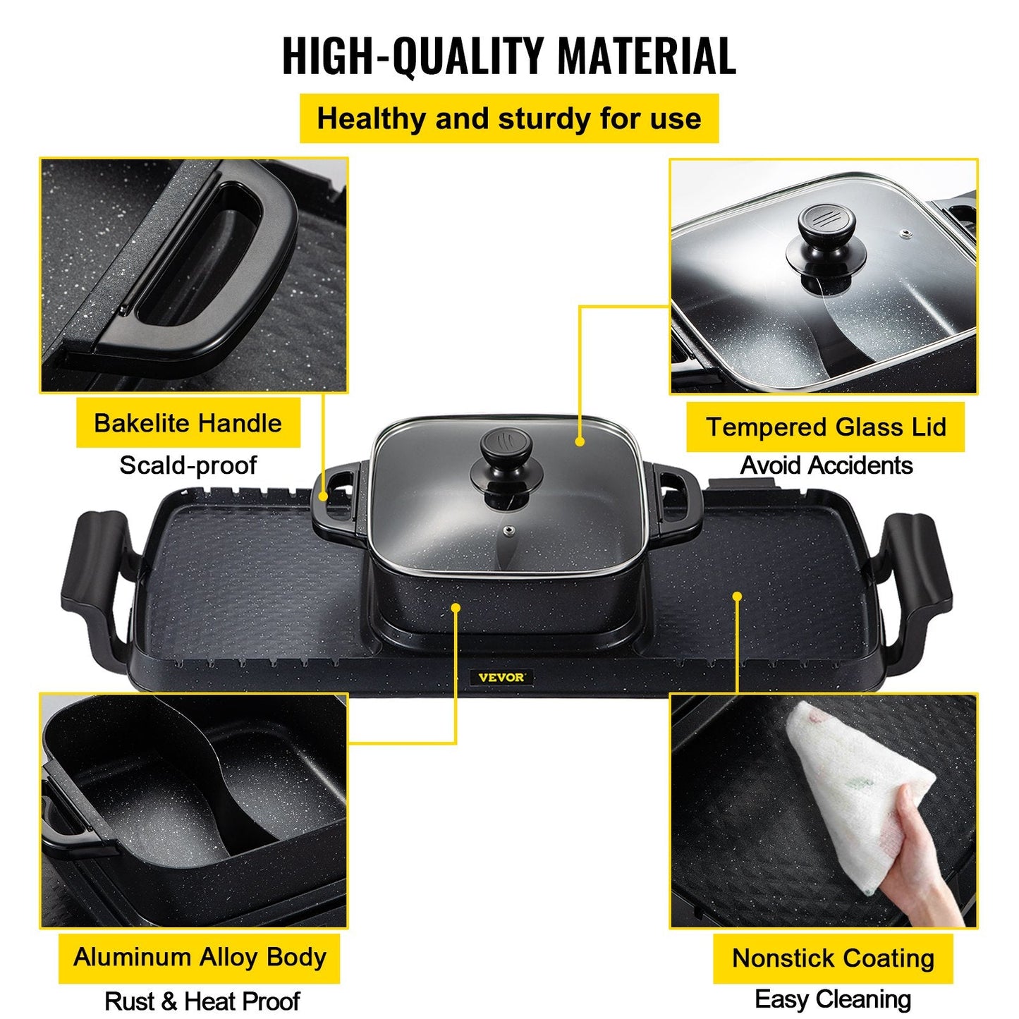 3-in-1 Electric BBQ Grill with Hot Pot, 2400W, Adjustable Temp, Nonstick Surface