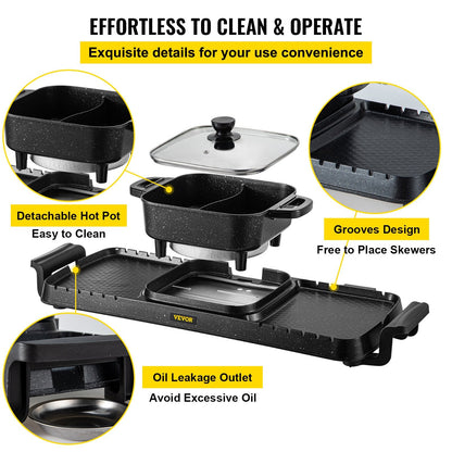 3-in-1 Electric BBQ Grill with Hot Pot, 2400W, Adjustable Temp, Nonstick Surface