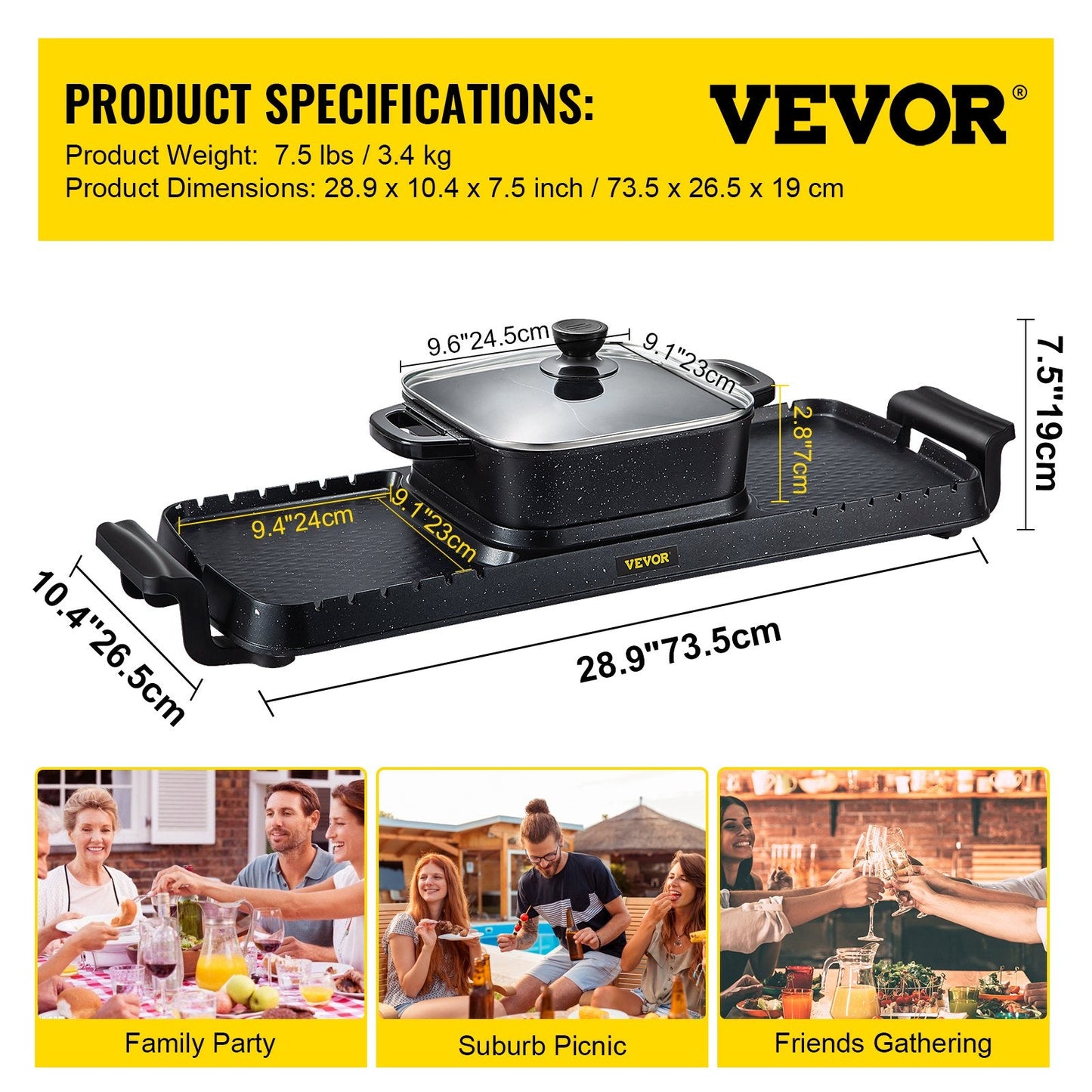 3-in-1 Electric BBQ Grill with Hot Pot, 2400W, Adjustable Temp, Nonstick Surface