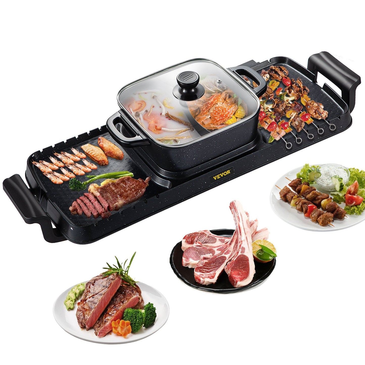3-in-1 Electric BBQ Grill with Hot Pot, 2400W, Adjustable Temp, Nonstick Surface