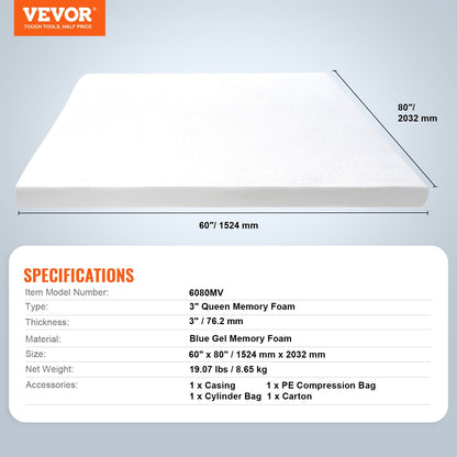 VEVOR Mattress Topper Memory Foam Detachable & Washable Queen 76.2 mm Thickness