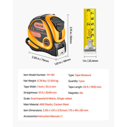 VEVOR Tape Measure 7620mm Retractable Imperial Metric for Decoration