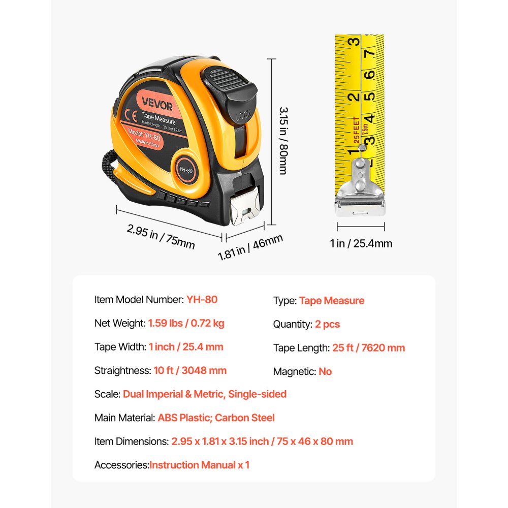 VEVOR 2 Packs Tape Measure 7620mm Retractable Imperial Metric