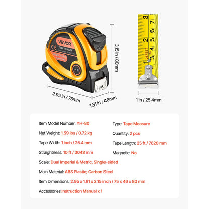 VEVOR 2 Packs Tape Measure 7620mm Retractable Imperial Metric