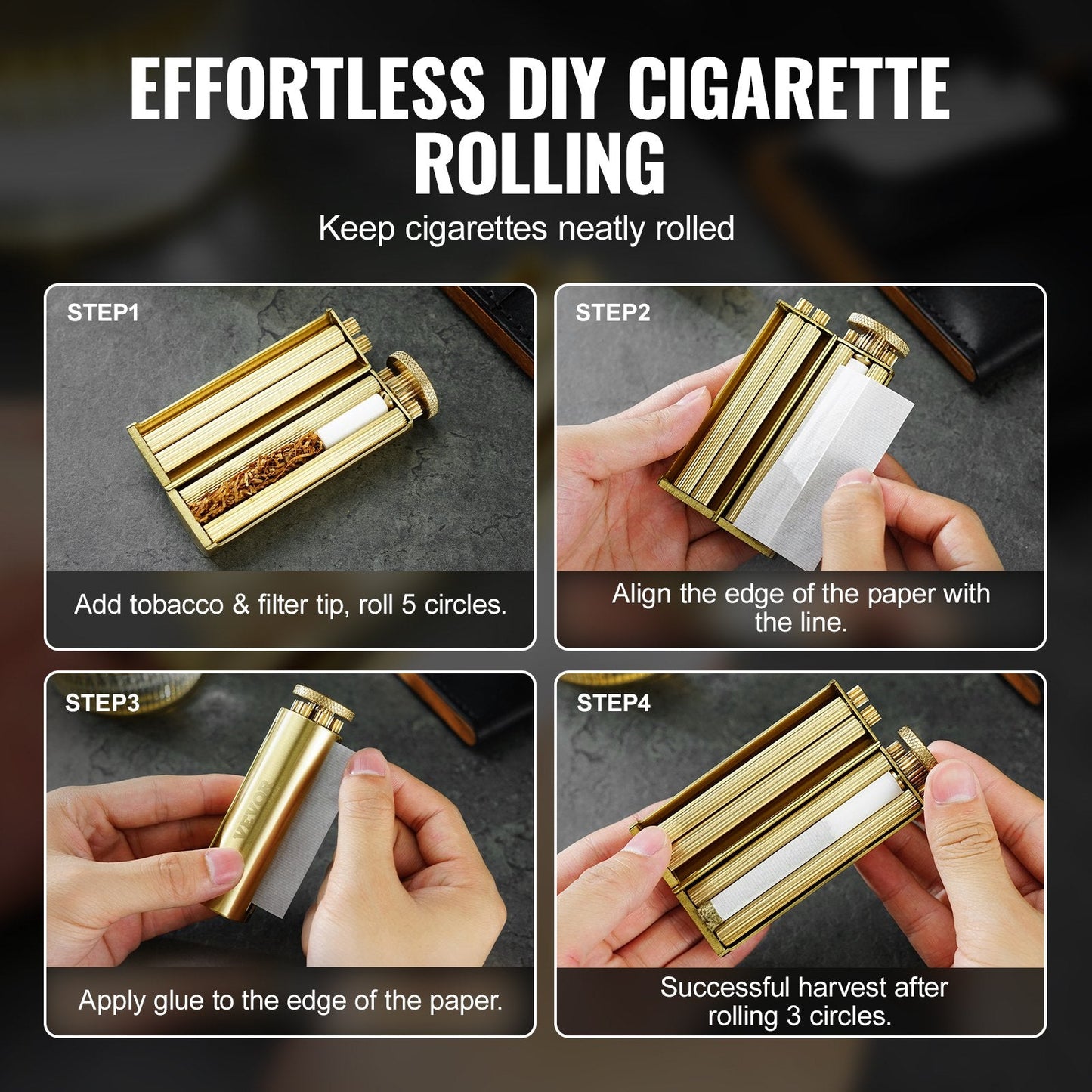Solid Brass Manual Cigarette Roller - Compact 0.26m, 225g, Fits 70mm Paper