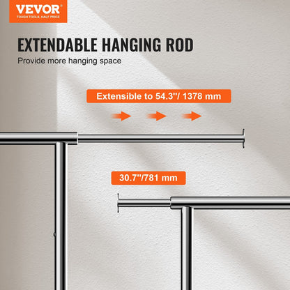 Heavy Duty Garment Rack with Wheels, Adjustable Length & Bottom Storage
