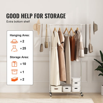 Heavy Duty Garment Rack with Wheels, Adjustable Length & Bottom Storage