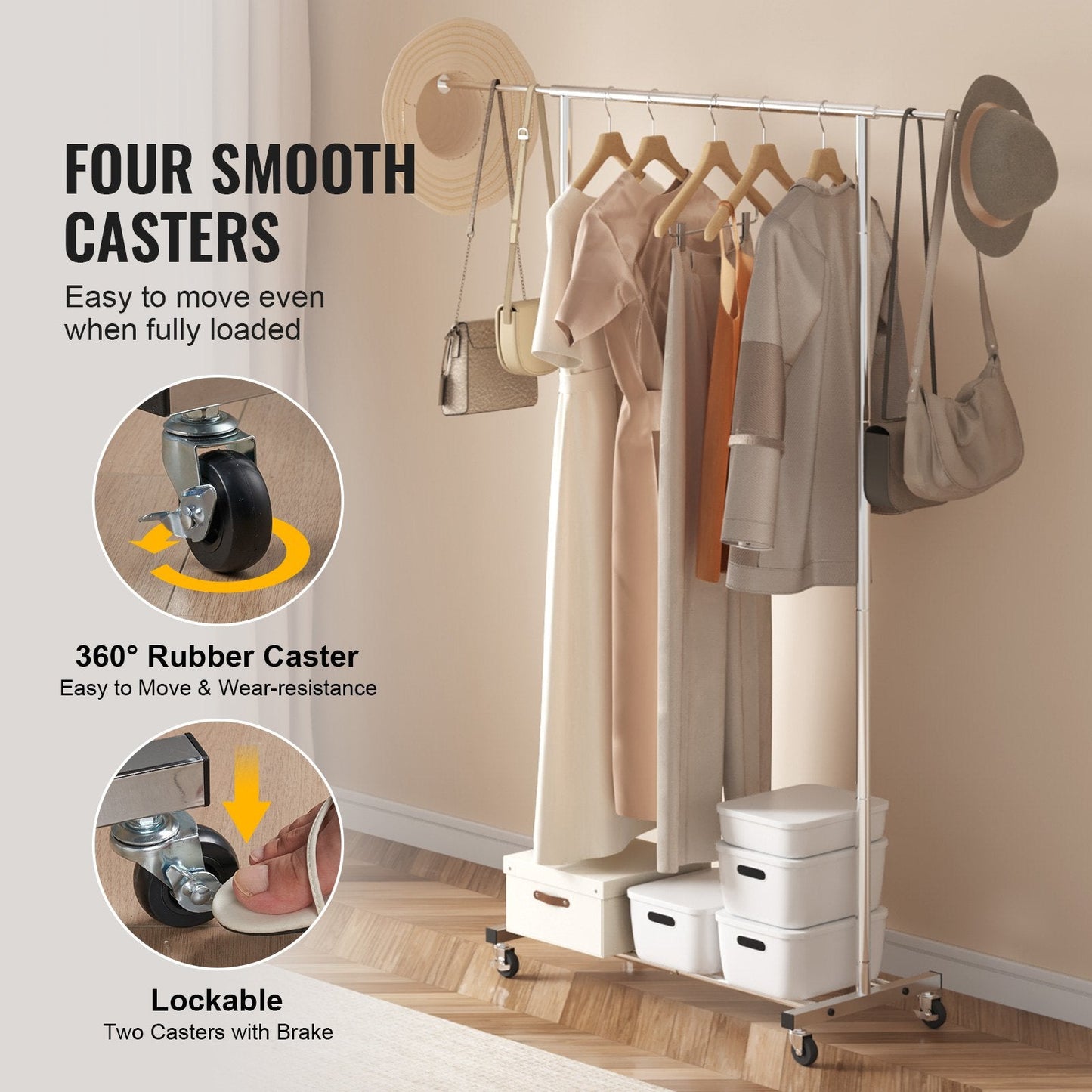 Heavy Duty Garment Rack with Wheels, Adjustable Length & Bottom Storage