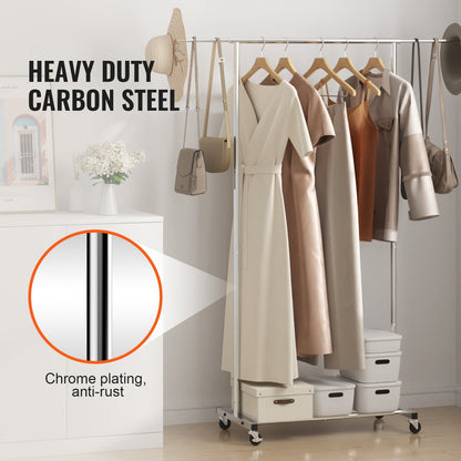 Heavy Duty Garment Rack with Wheels, Adjustable Length & Bottom Storage