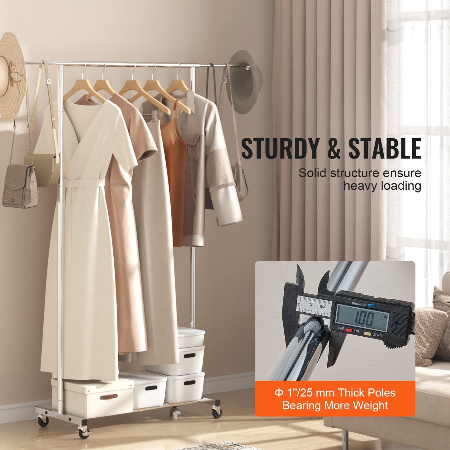 Heavy Duty Garment Rack with Wheels, Adjustable Length & Bottom Storage