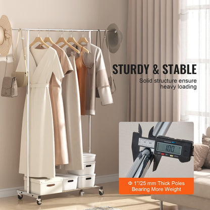 Heavy Duty Garment Rack with Wheels, Adjustable Length & Bottom Storage