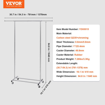 Heavy Duty Garment Rack with Wheels, Adjustable Length & Bottom Storage