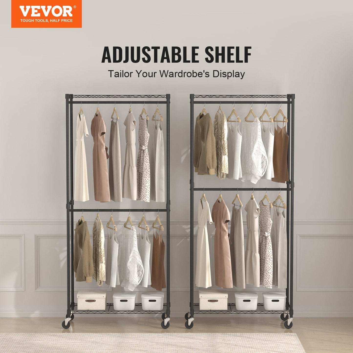 Heavy Duty Double Rod Garment Rack with Top & Bottom Storage, Holds 136 kg