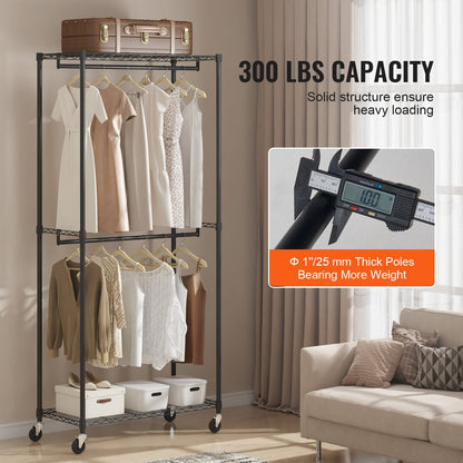 Heavy Duty Double Rod Garment Rack with Top & Bottom Storage, Holds 136 kg