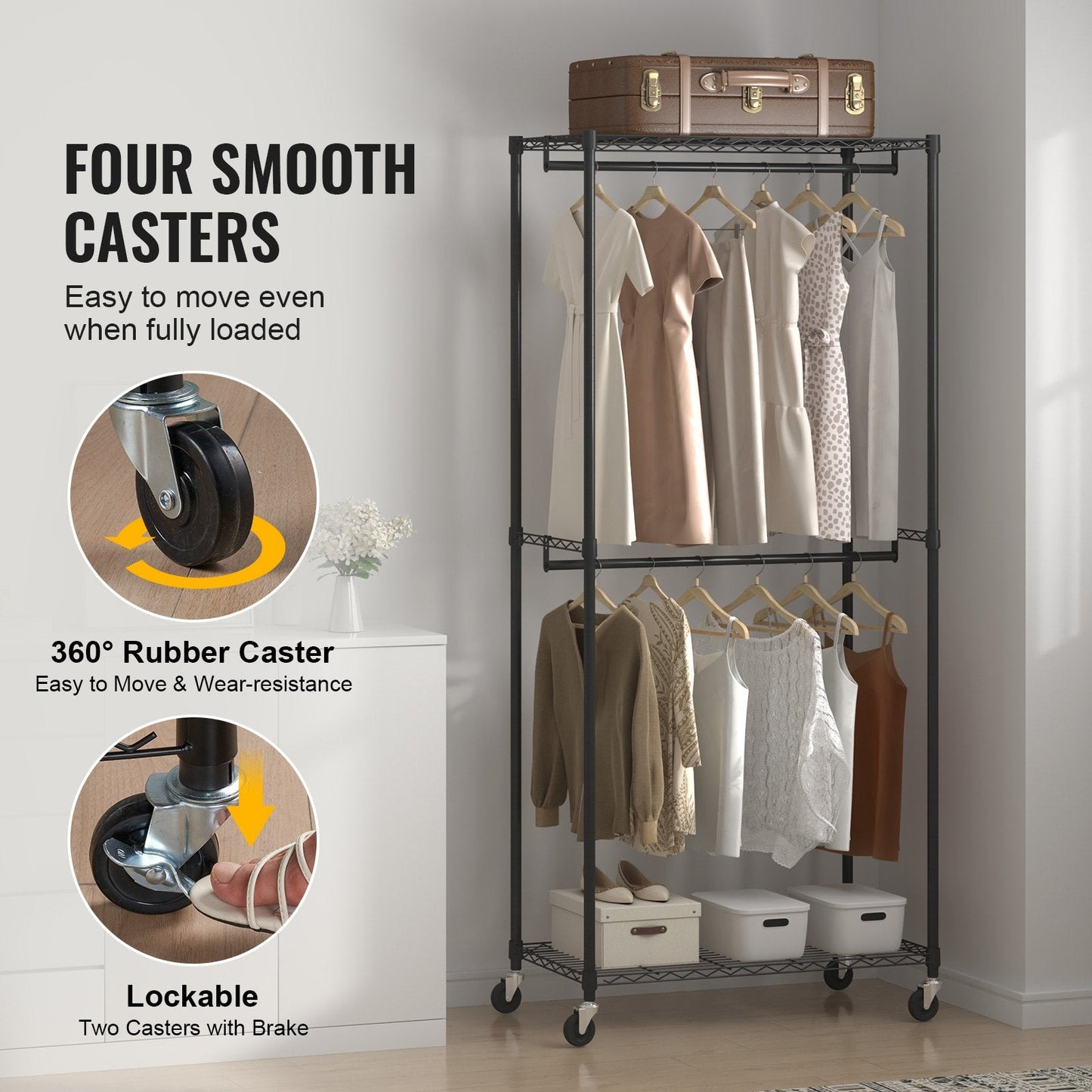Heavy Duty Double Rod Garment Rack with Top & Bottom Storage, Holds 136 kg