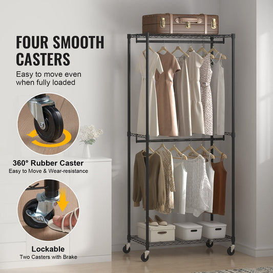 Heavy-duty rolling garment rack with two hanging rods for organized clothing storage