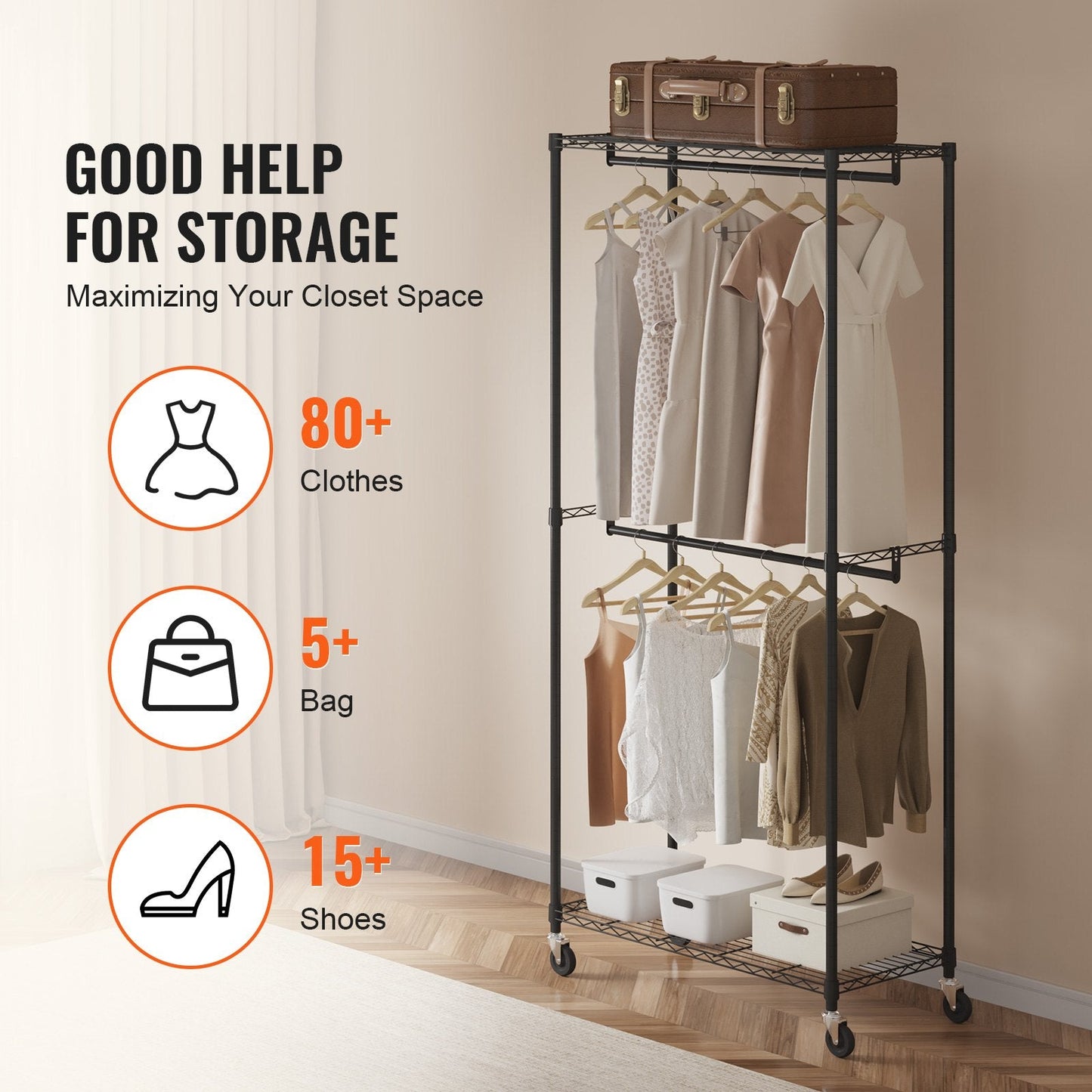 Heavy Duty Double Rod Garment Rack with Top & Bottom Storage, Holds 136 kg