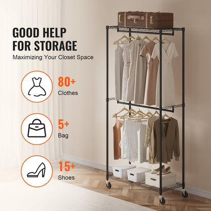 Heavy Duty Double Rod Garment Rack with Top & Bottom Storage, Holds 136 kg