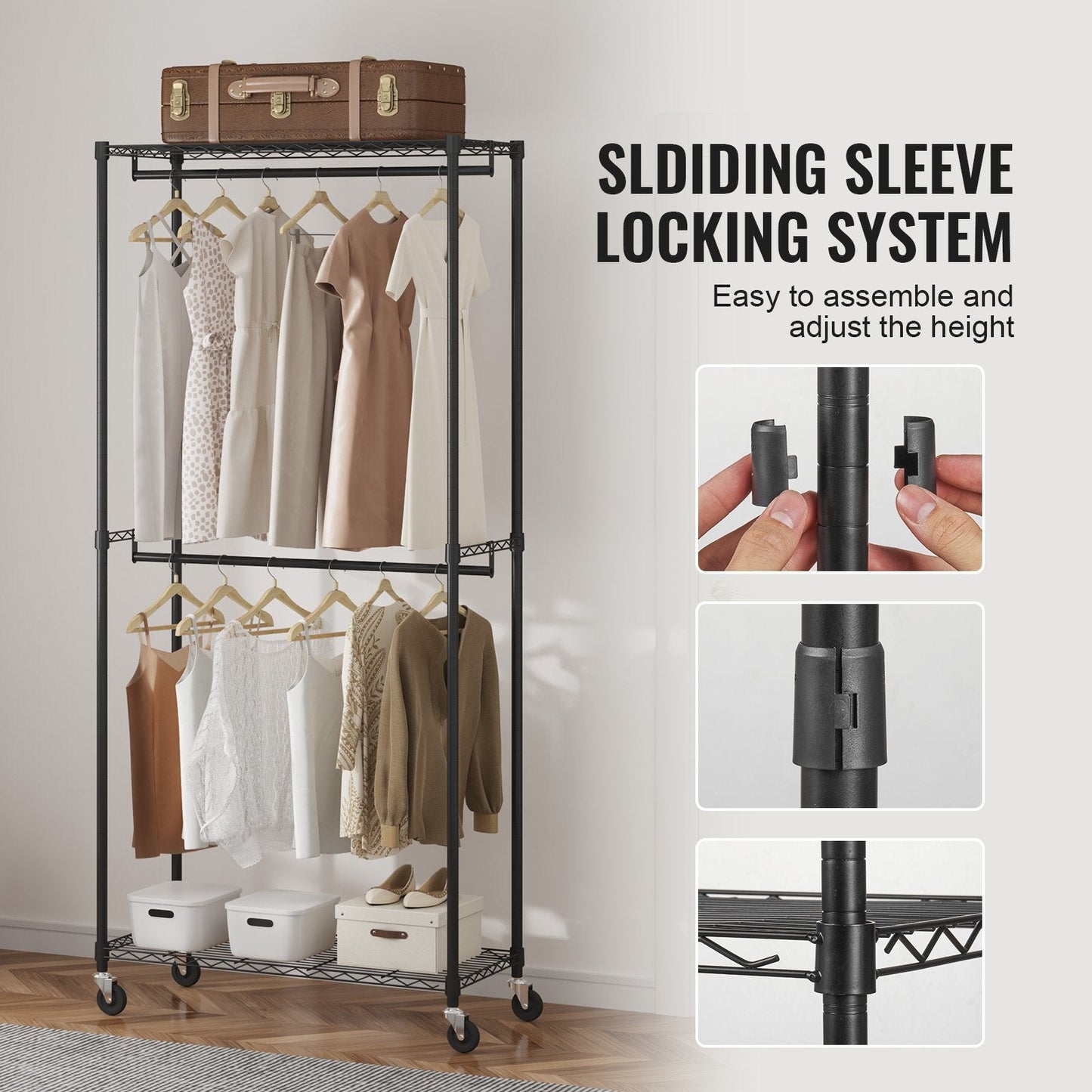 Heavy Duty Double Rod Garment Rack with Top & Bottom Storage, Holds 136 kg