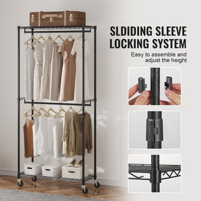 Heavy Duty Double Rod Garment Rack with Top & Bottom Storage, Holds 136 kg
