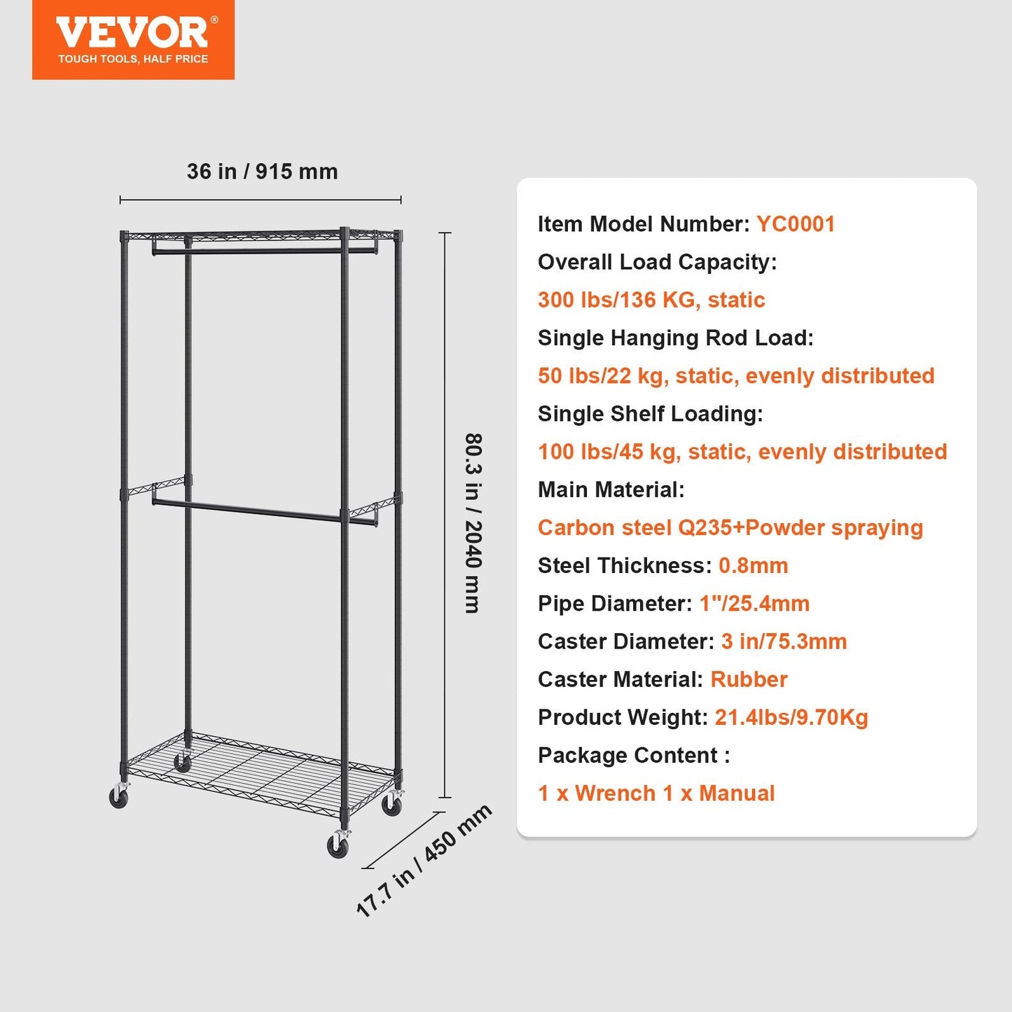 Heavy Duty Double Rod Garment Rack with Top & Bottom Storage, Holds 136 kg