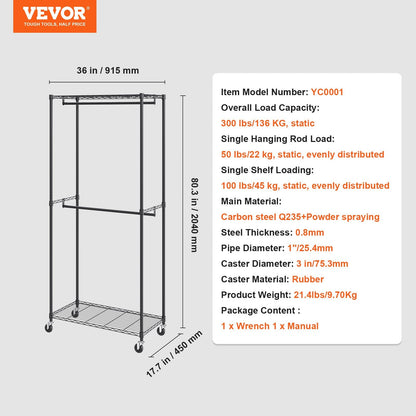 Heavy Duty Double Rod Garment Rack with Top & Bottom Storage, Holds 136 kg