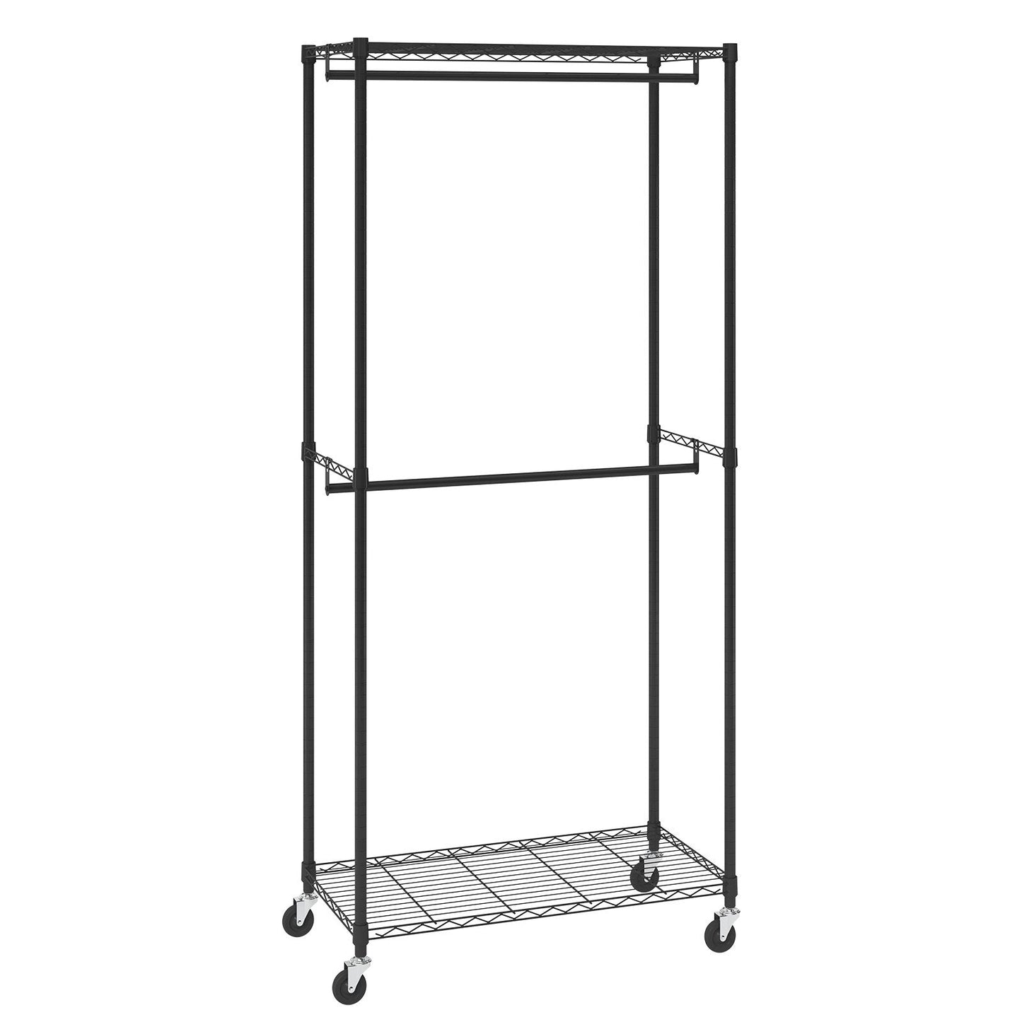 Heavy Duty Double Rod Garment Rack with Top & Bottom Storage, Holds 136 kg