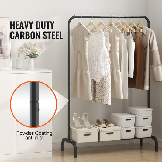 Heavy-duty carbon steel clothes rack provides hanging and bottom shelf storage for bedrooms and entryways