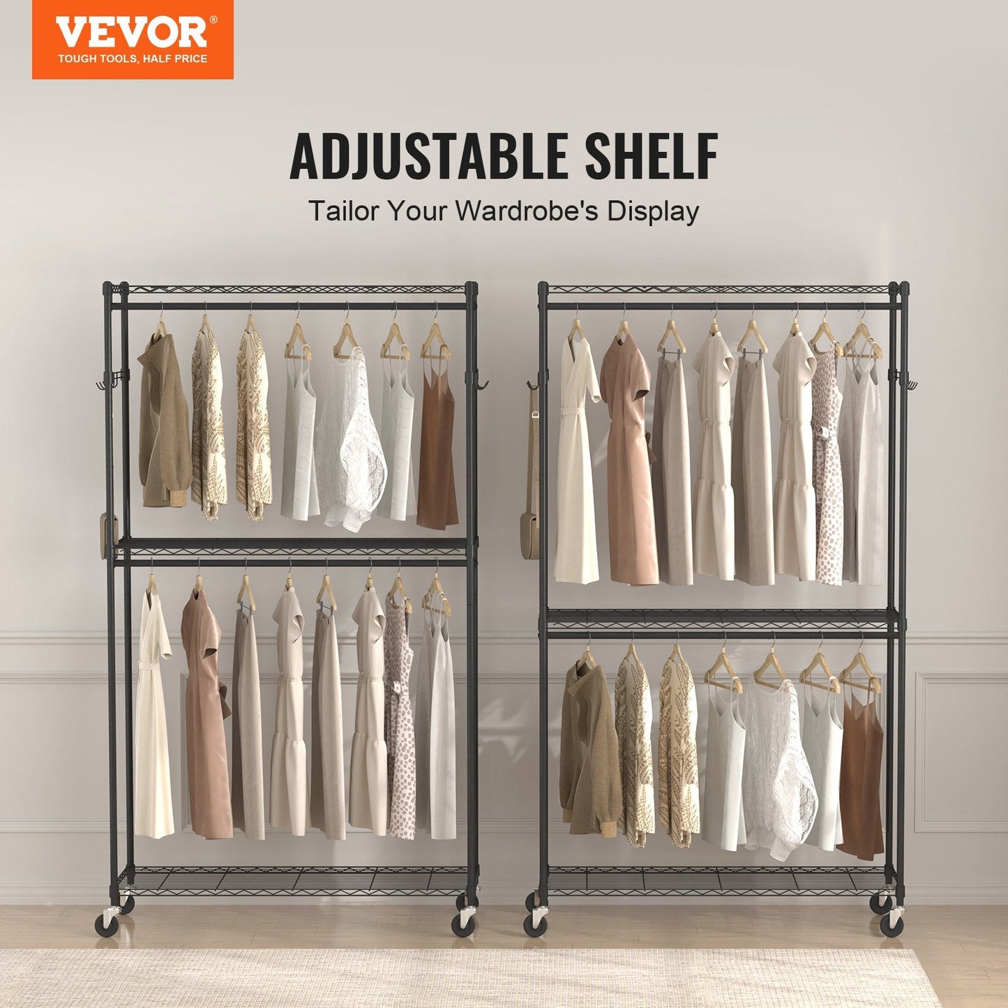 Heavy Duty Rolling Garment Rack with 3 Tiers, 2 Rods & Side Hooks, 182 kg Capacity