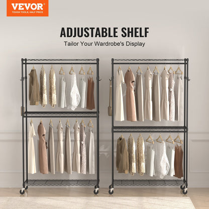 Heavy Duty Rolling Garment Rack with 3 Tiers, 2 Rods & Side Hooks, 182 kg Capacity