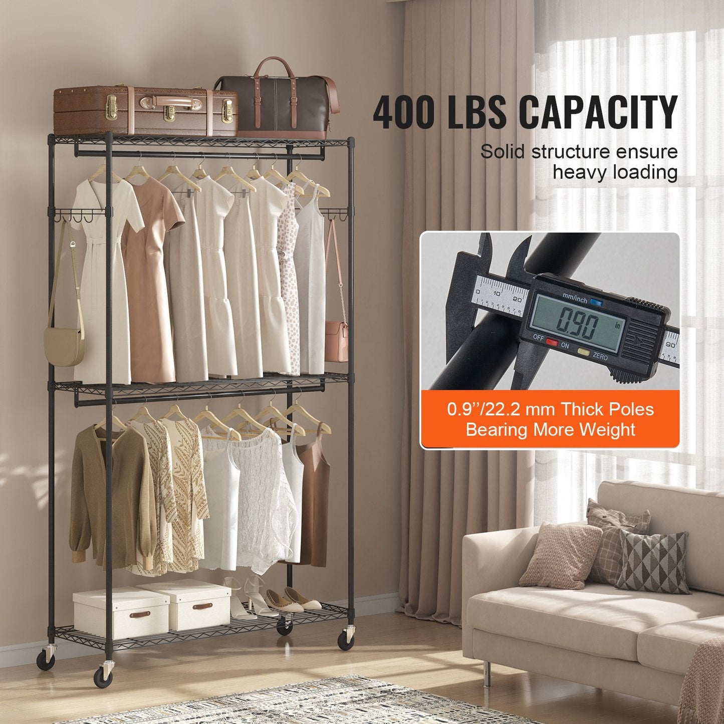 Heavy Duty Rolling Garment Rack with 3 Tiers, 2 Rods & Side Hooks, 182 kg Capacity