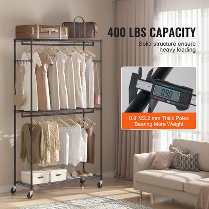 Heavy Duty Rolling Garment Rack with 3 Tiers, 2 Rods & Side Hooks, 182 kg Capacity