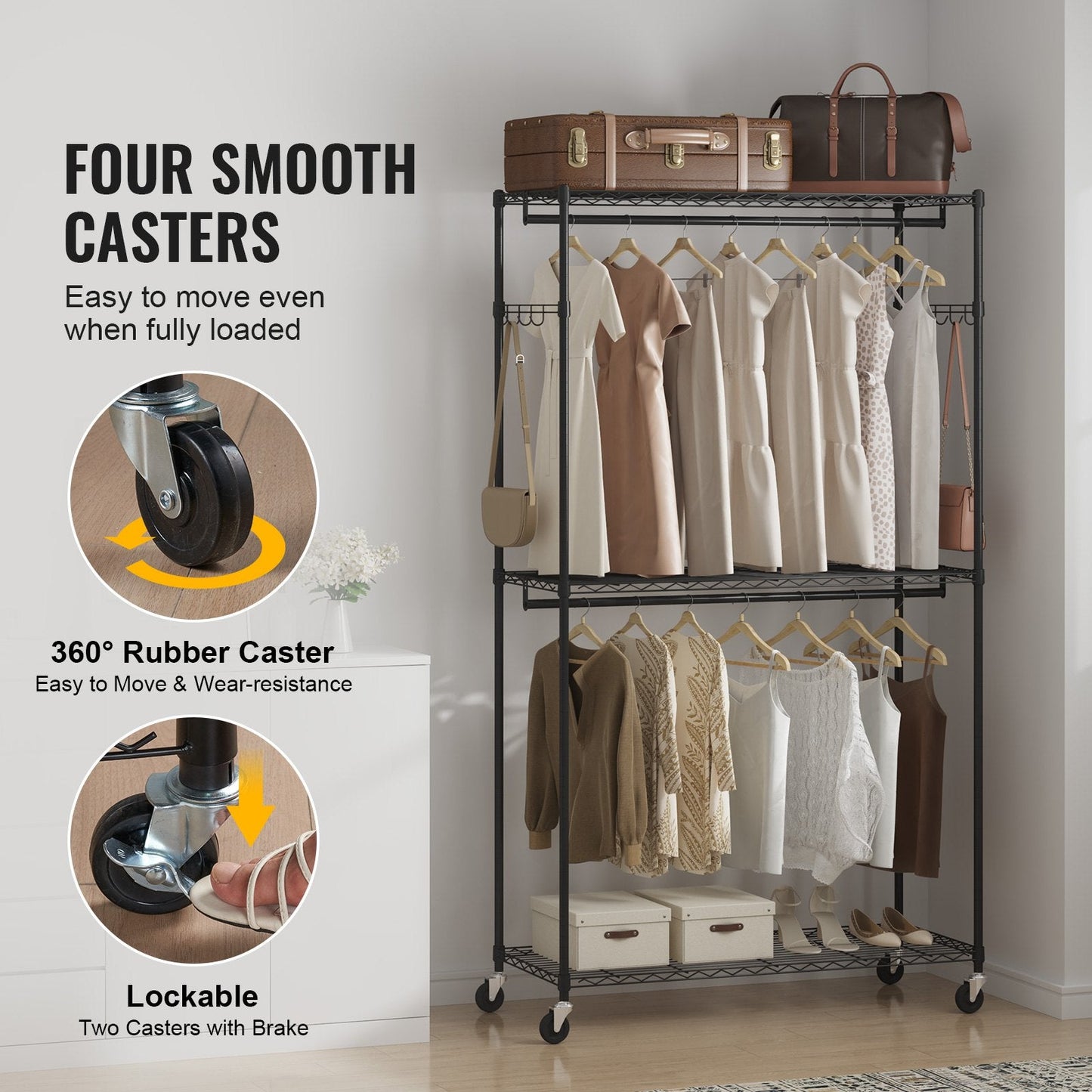 Heavy Duty Rolling Garment Rack with 3 Tiers, 2 Rods & Side Hooks, 182 kg Capacity