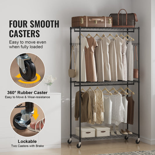 Rolling clothes rack with two rods and three shelves provides versatile garment and accessory storage