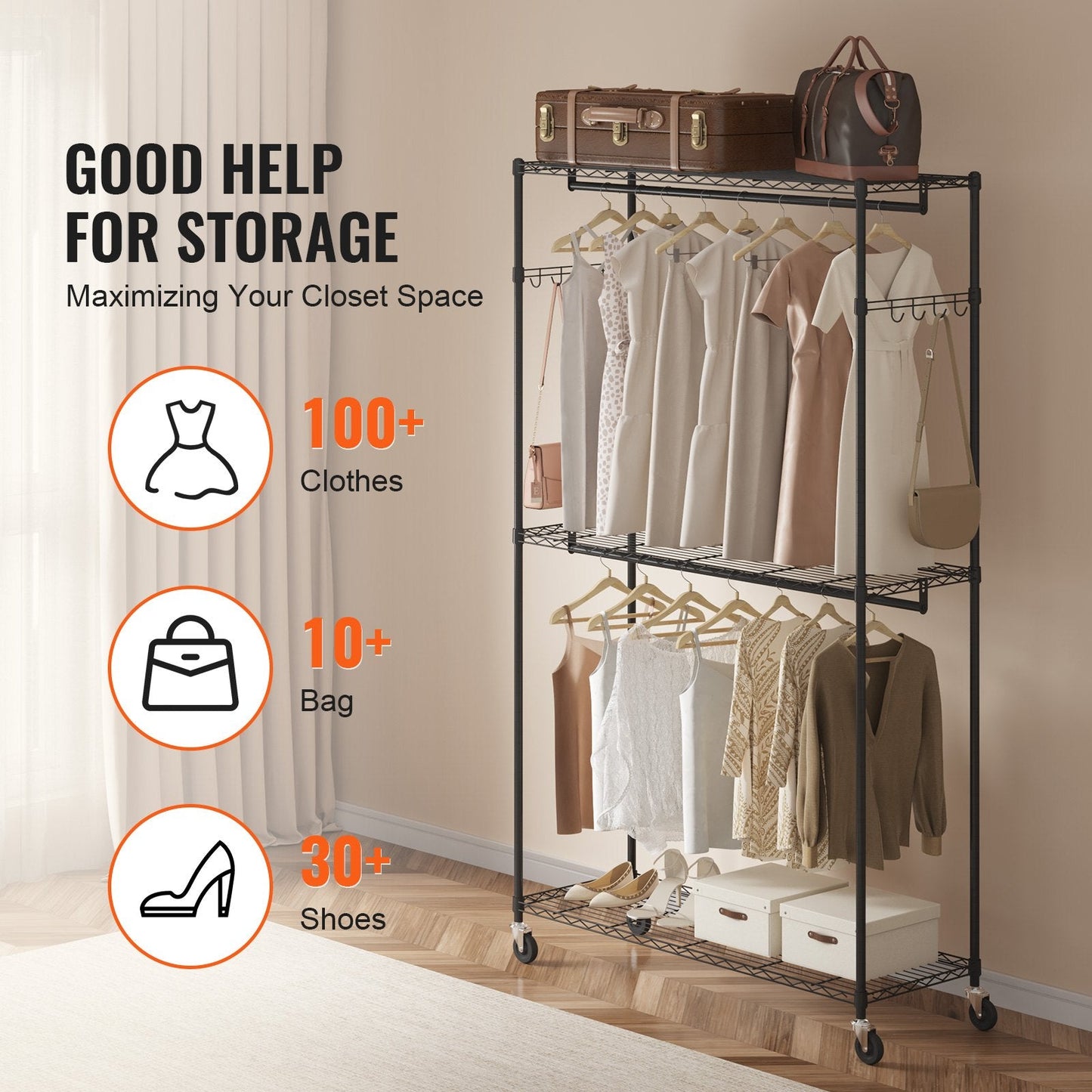 Heavy Duty Rolling Garment Rack with 3 Tiers, 2 Rods & Side Hooks, 182 kg Capacity