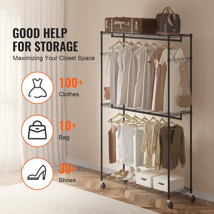 Heavy Duty Rolling Garment Rack with 3 Tiers, 2 Rods & Side Hooks, 182 kg Capacity