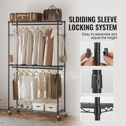Heavy Duty Rolling Garment Rack with 3 Tiers, 2 Rods & Side Hooks, 182 kg Capacity