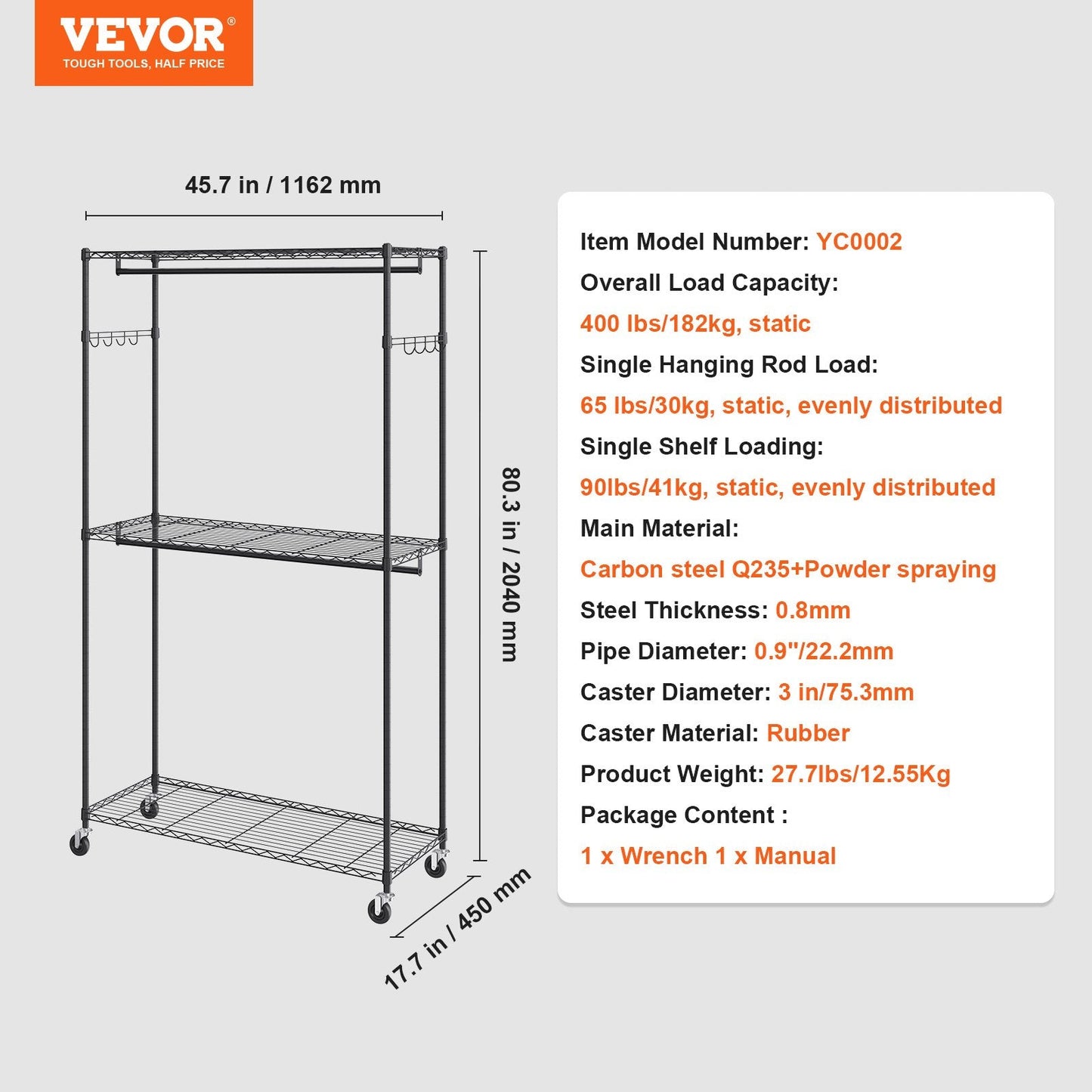Heavy Duty Rolling Garment Rack with 3 Tiers, 2 Rods & Side Hooks, 182 kg Capacity