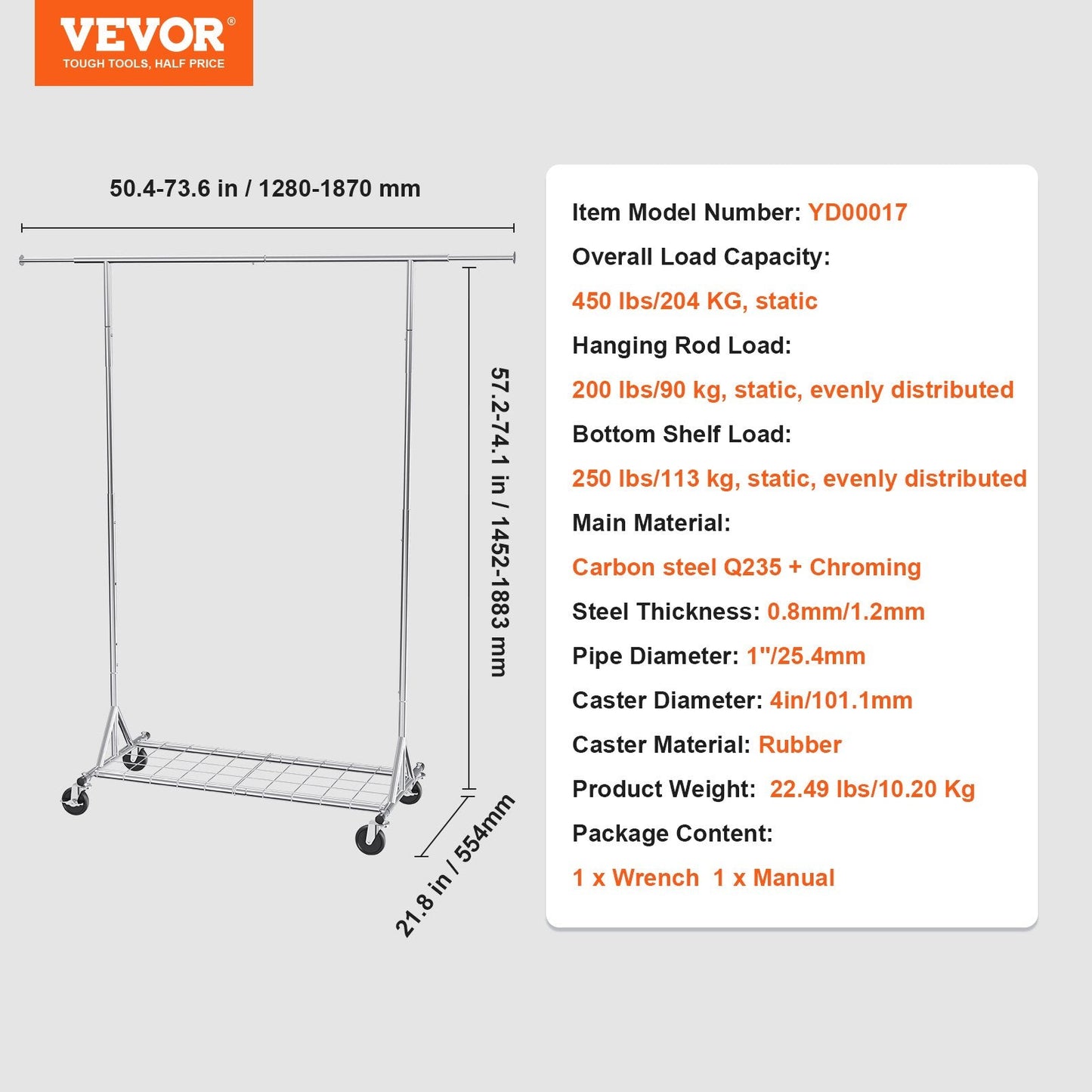 Heavy Duty Garment Rack with Wheels, 204 kg Capacity, Adjustable & Extendable