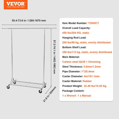 Heavy Duty Garment Rack with Wheels, 204 kg Capacity, Adjustable & Extendable