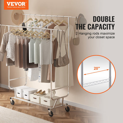 Heavy Duty Garment Rack with Double Rods, Adjustable Height & Extendable Length