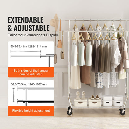 Heavy Duty Garment Rack with Double Rods, Adjustable Height & Extendable Length