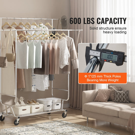 Heavy-duty double clothes rack supports up to 600 pounds for large wardrobe storage needs