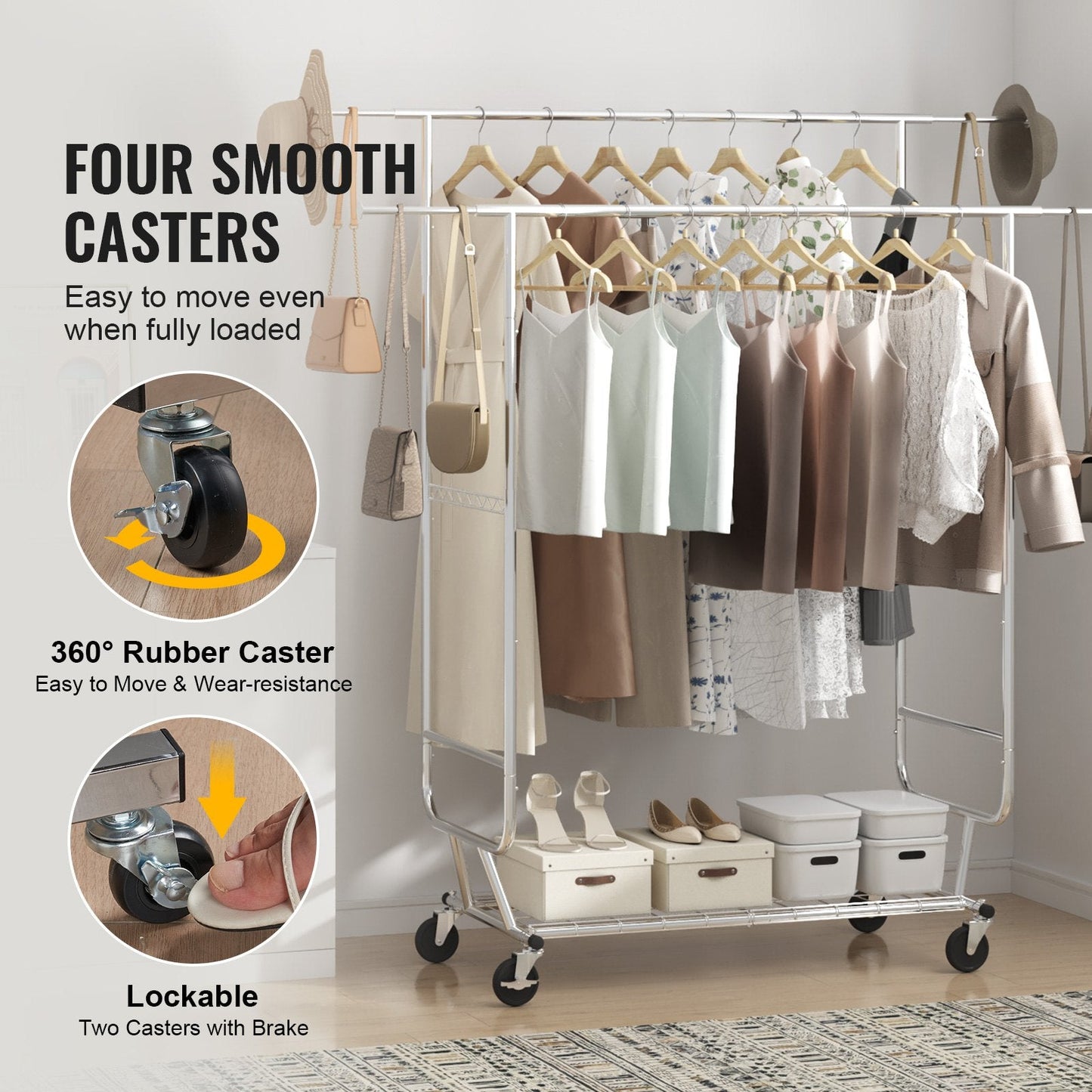 Heavy Duty Garment Rack with Double Rods, Adjustable Height & Extendable Length