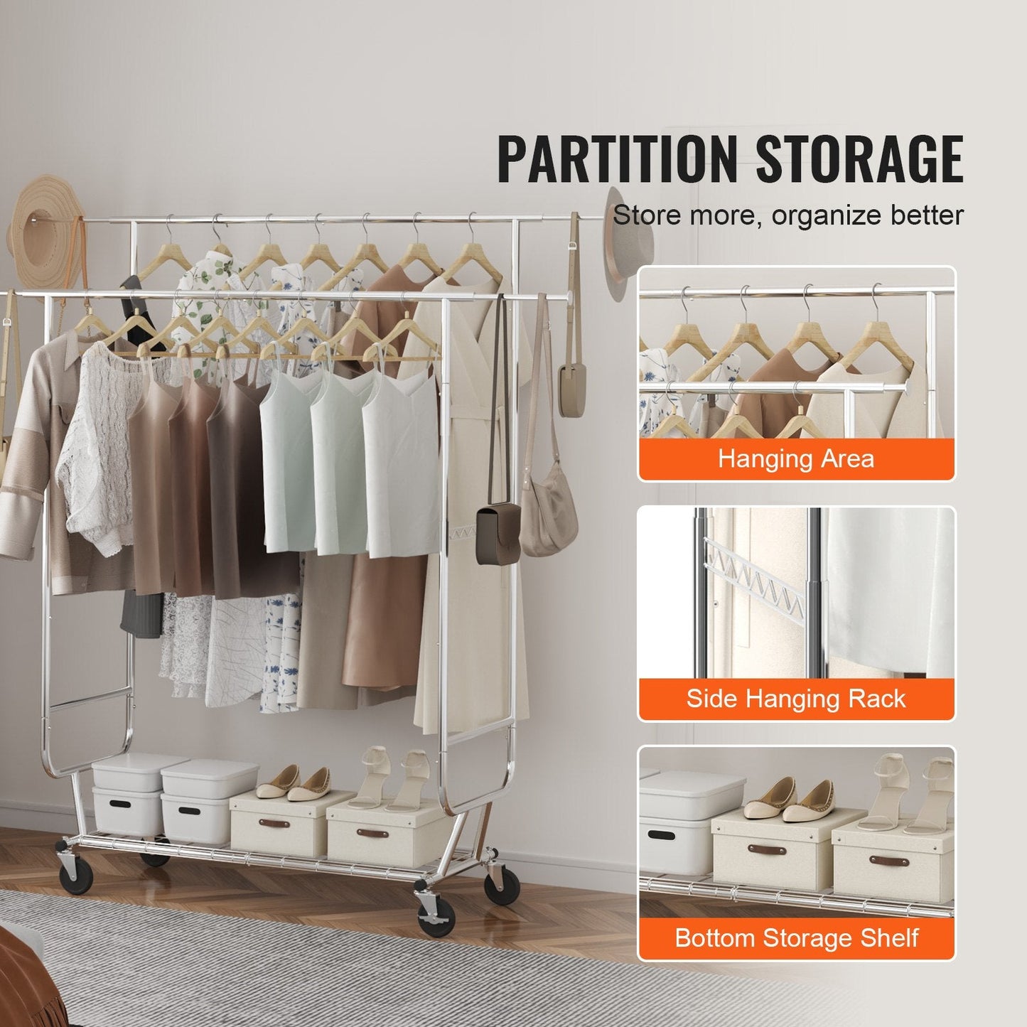 Heavy Duty Garment Rack with Double Rods, Adjustable Height & Extendable Length