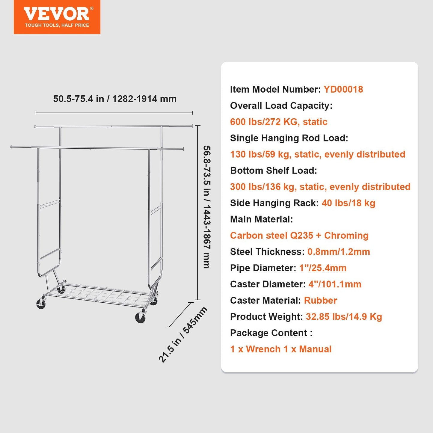 Heavy Duty Garment Rack with Double Rods, Adjustable Height & Extendable Length