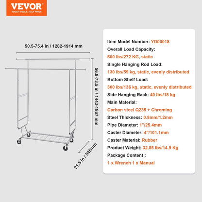 Heavy Duty Garment Rack with Double Rods, Adjustable Height & Extendable Length
